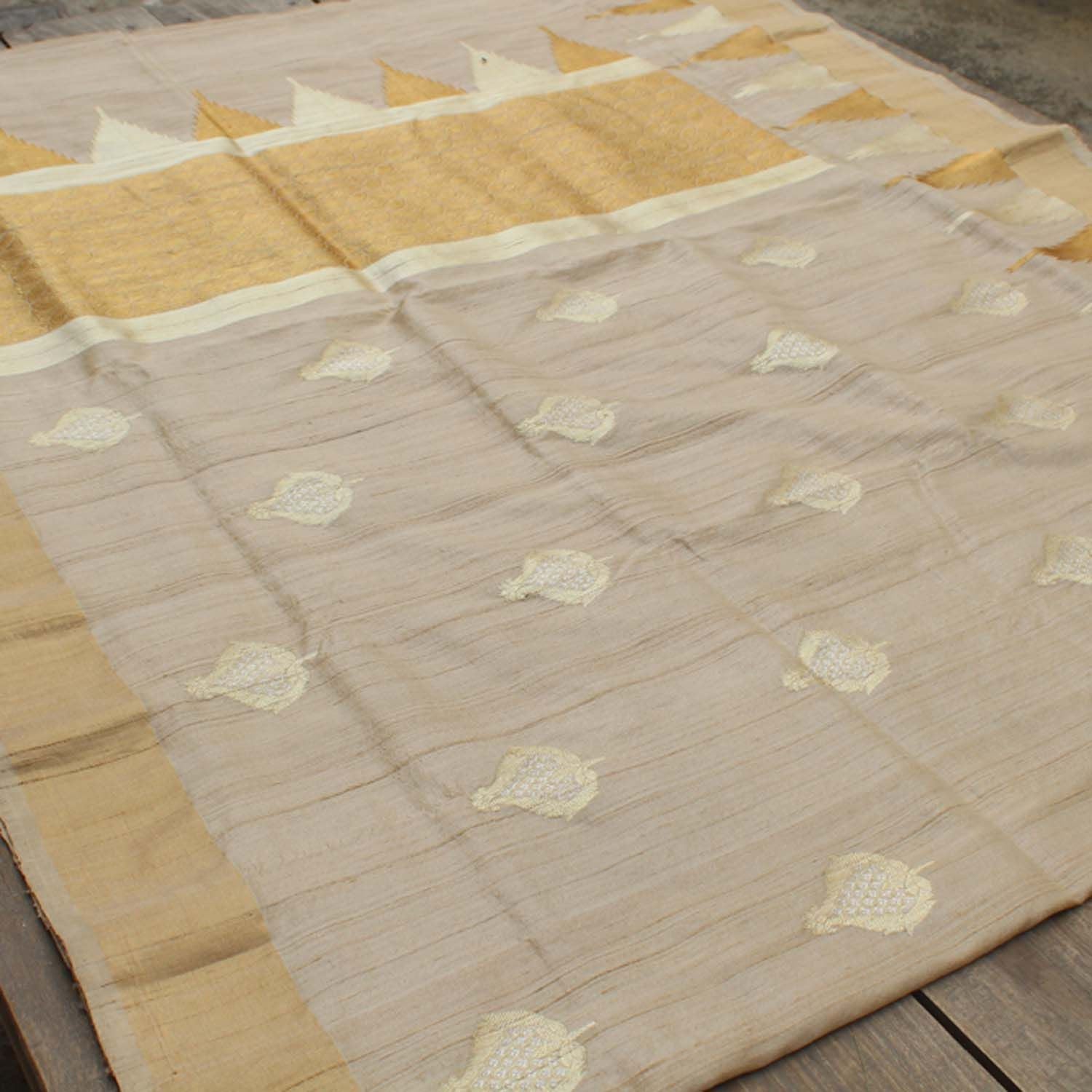 Beige Pure Tussar Silk Banarasi Handloom Saree - Tilfi