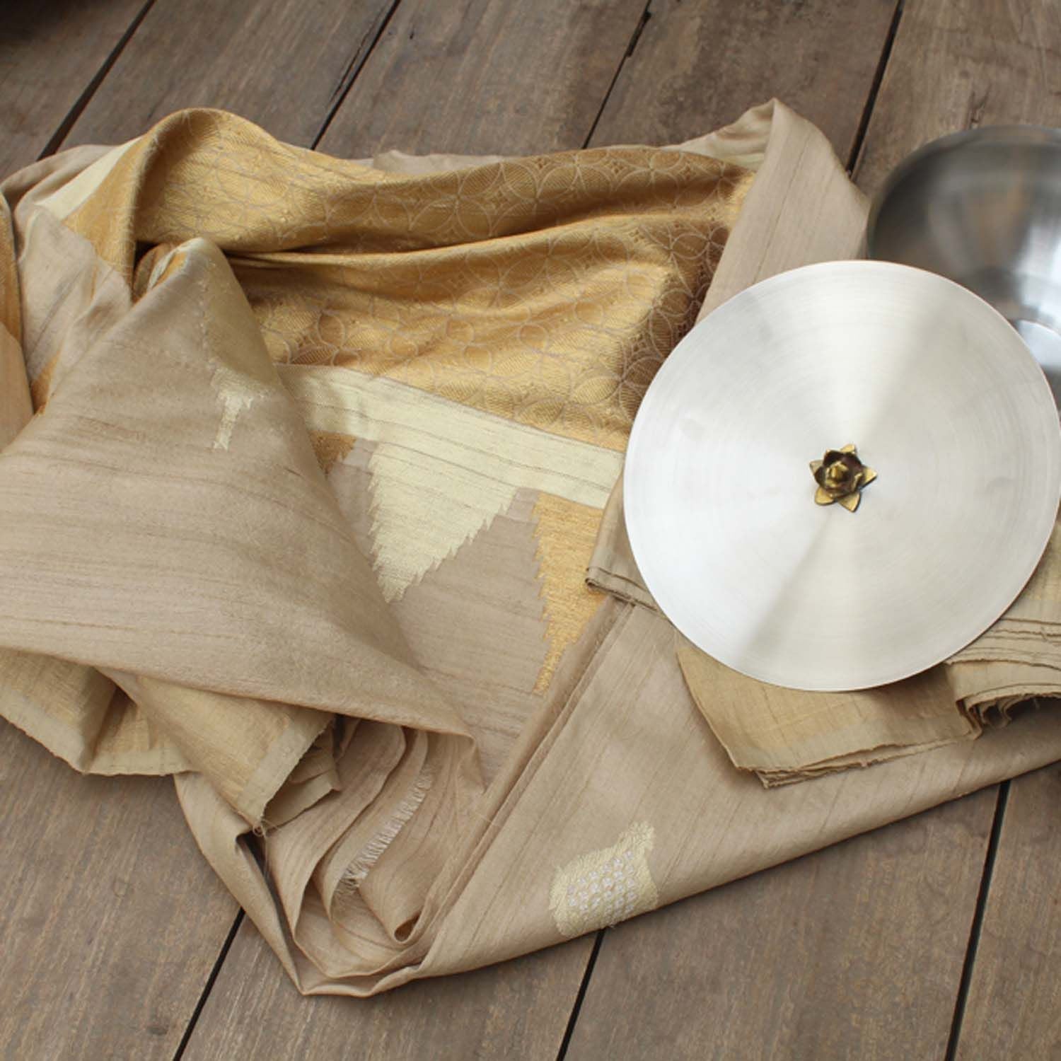 Beige Pure Tussar Silk Banarasi Handloom Saree - Tilfi