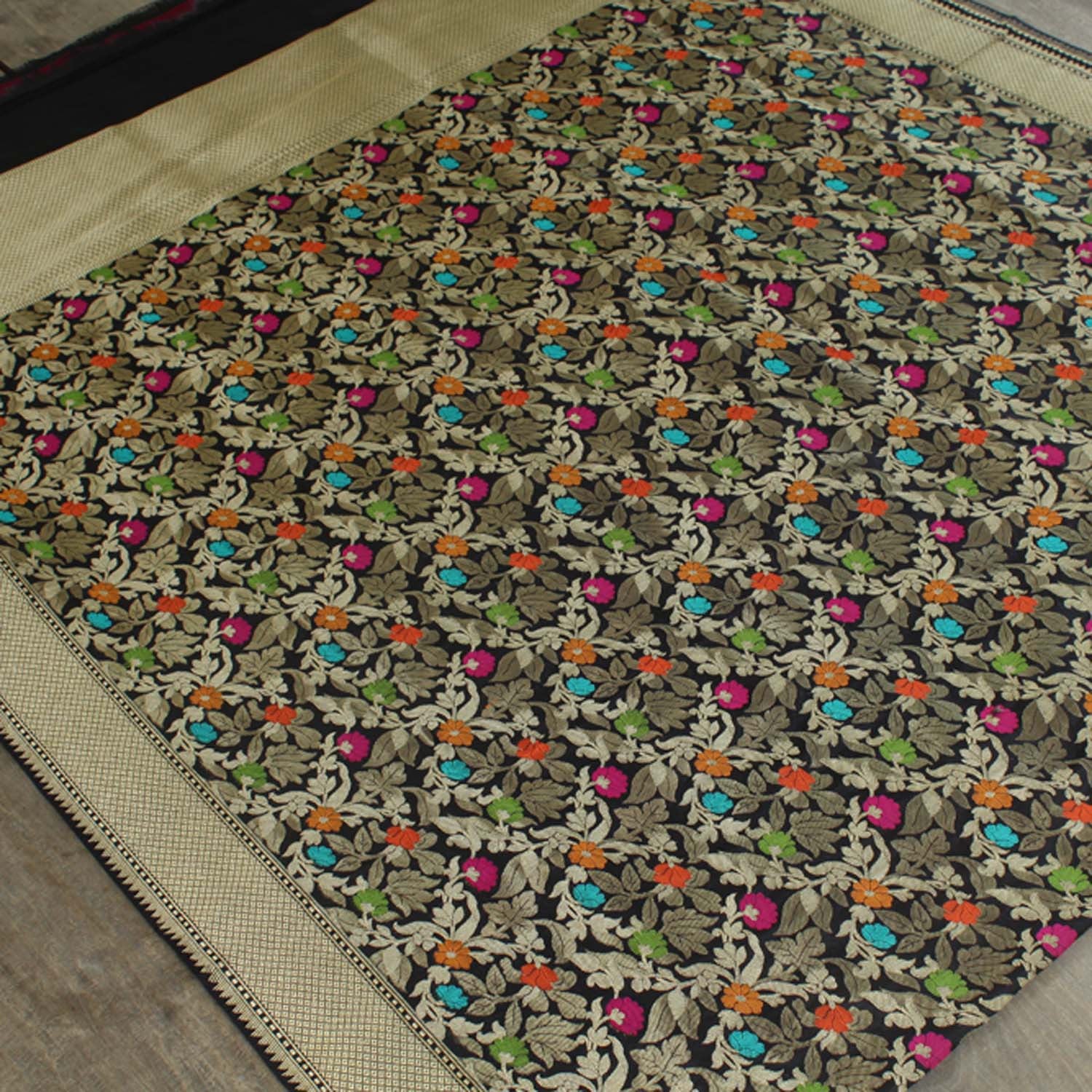 Black Pure Katan Silk Banarasi Handloom Dupatta - Tilfi