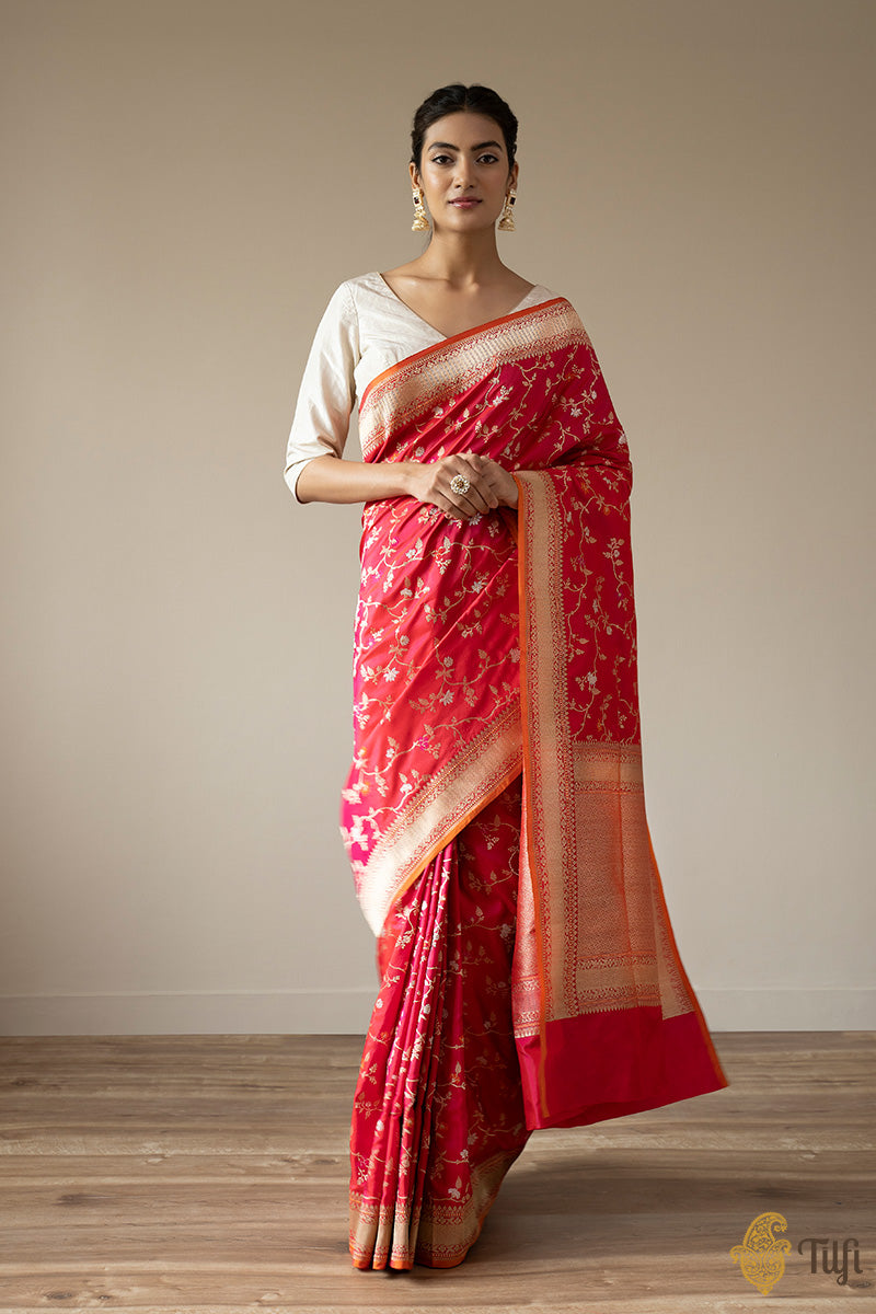 KJ0007-Red-Rani Pink Pure Katan Silk Banarasi Handloom Saree
