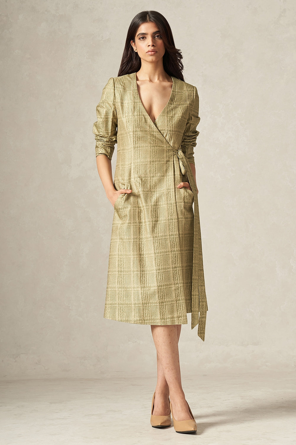 Green and Beige Handwoven Pure Silk Plaid Patterned Wrap Dress with Si - Tilfi Green and Beige Handwoven Pure Silk Plaid Patterned Wrap Dress with Si - Tilfi