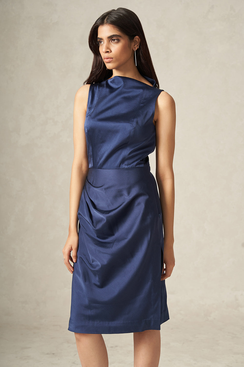 Dark Blue Pure Satin Silk Dress with Drape Detailing - Tilfi Dark Blue Pure Satin Silk Dress with Drape Detailing - Tilfi