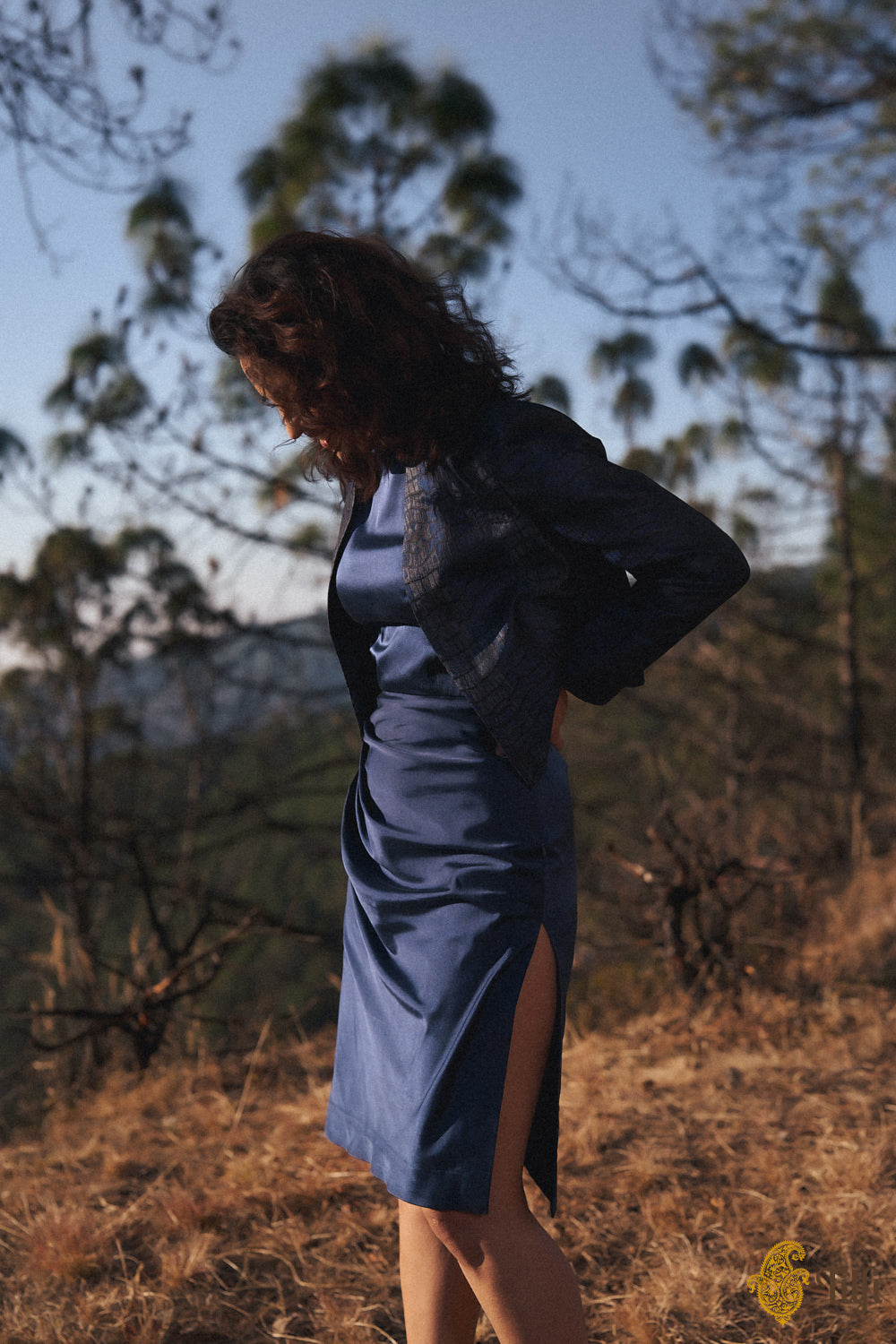 Dark Blue Pure Satin Silk Dress with Drape Detailing Dark Blue Pure Satin Silk Dress with Drape Detailing