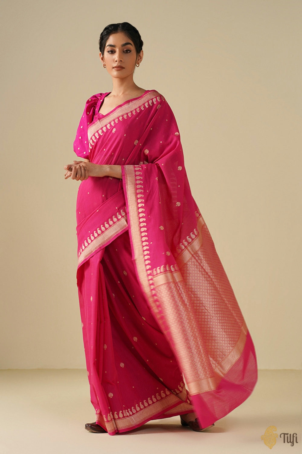 Rani Pink Pure Cotton Banarasi Kadhua Handloom Saree