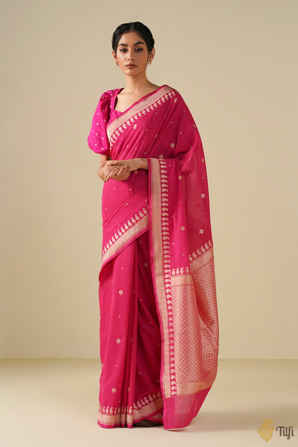 Rani Pink Pure Cotton Banarasi Kadhua Handloom Saree