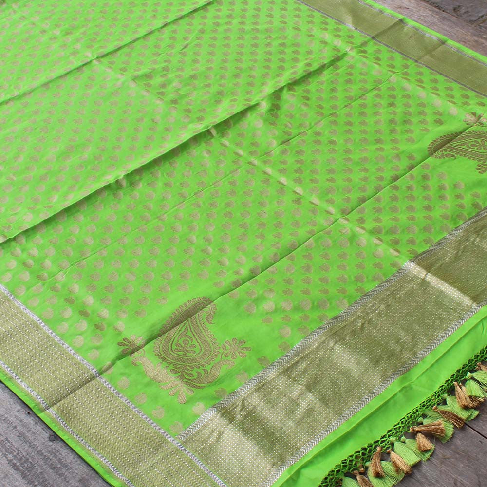 Parrot Green Pure Katan Silk Banarasi Handloom Dupatta