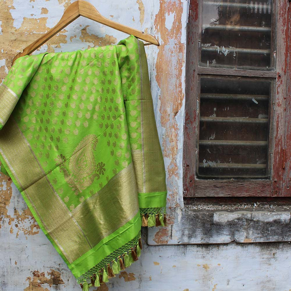 Parrot Green Pure Katan Silk Banarasi Handloom Dupatta