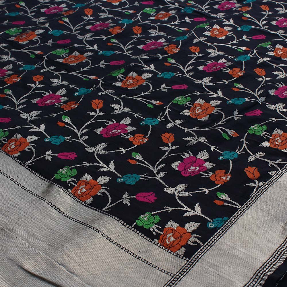 Black Pure Katan Silk Banarasi Handloom Dupatta - Tilfi