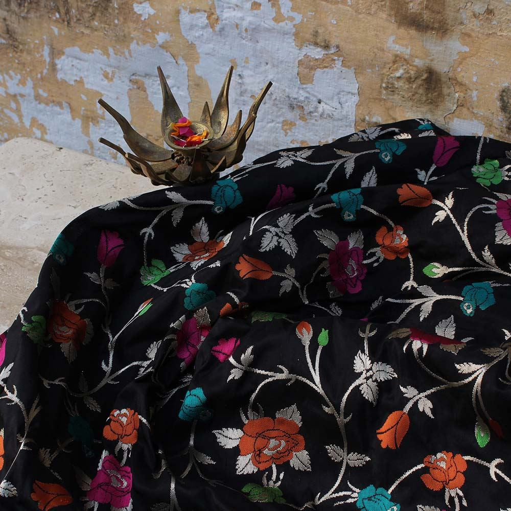 Black Pure Katan Silk Banarasi Handloom Dupatta - Tilfi