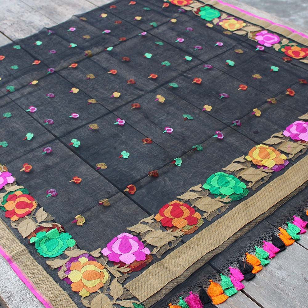 Black Pure Kora Net Banarasi Handloom Dupatta - Tilfi