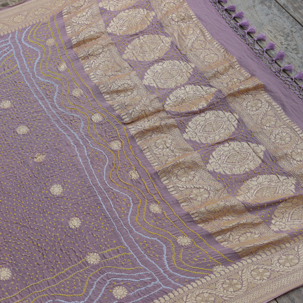 Old Rose Pink Pure Georgette Banarasi Handloom Bandhani Dupatta