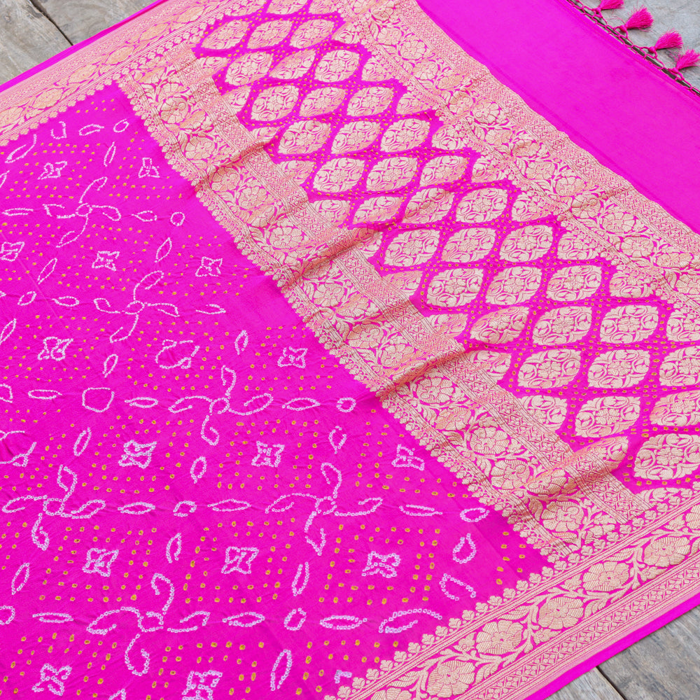 Rani Pink Pure Georgette Banarasi Handloom Bandhani Dupatta