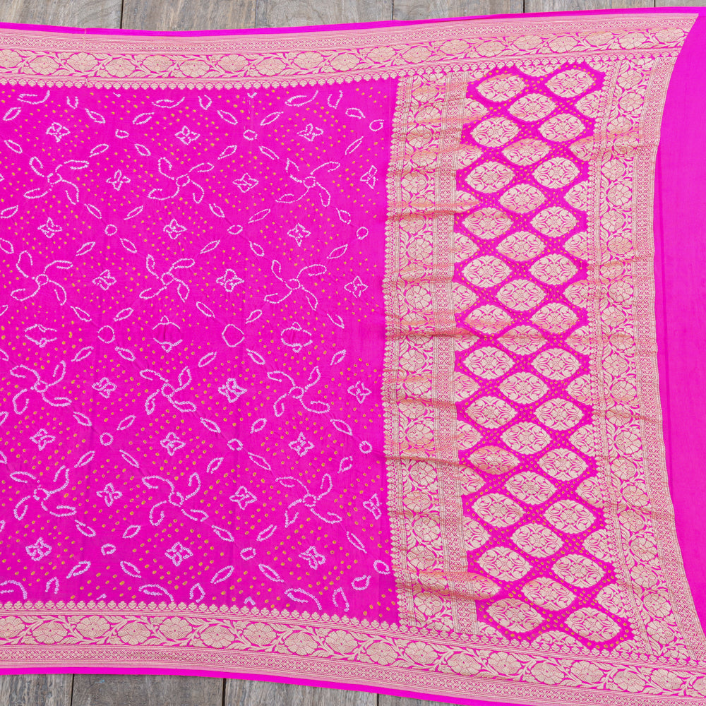 Rani Pink Pure Georgette Banarasi Handloom Bandhani Dupatta