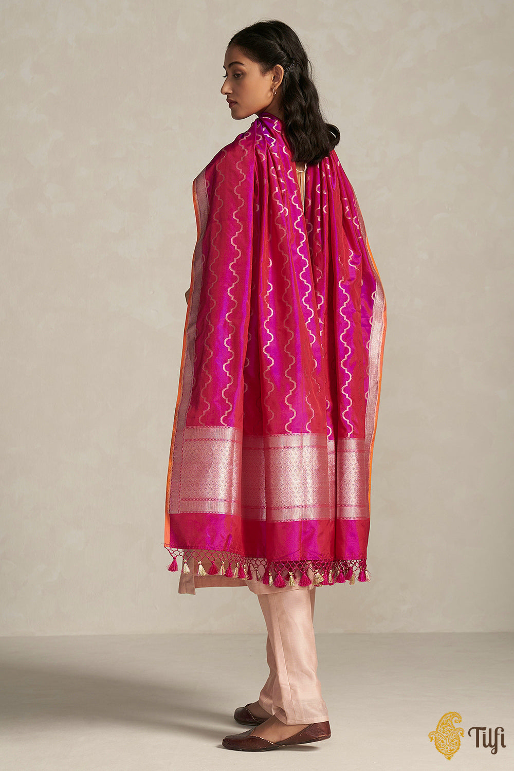 Red-Rani Pink Pure Katan Silk Banarasi Handloom Dupatta