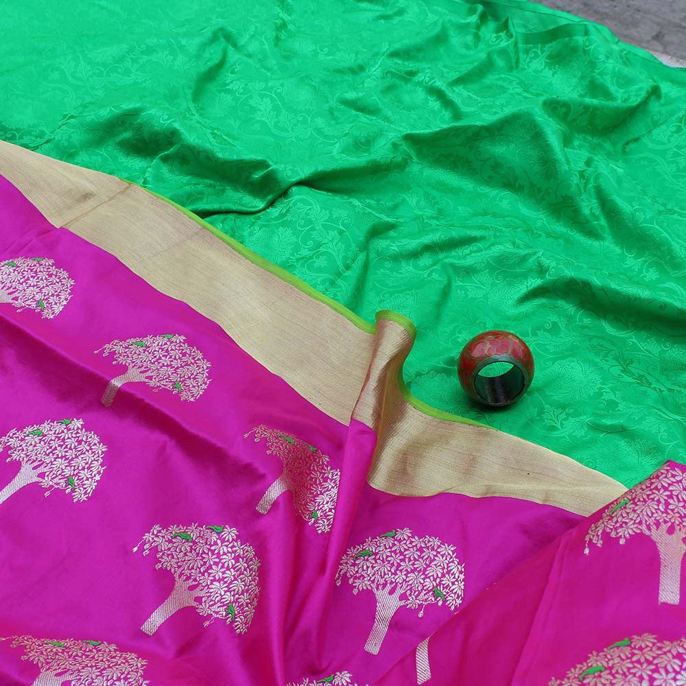 Pink Pure Katan Silk Dupatta & Green Pure Soft Satin Silk Fabric