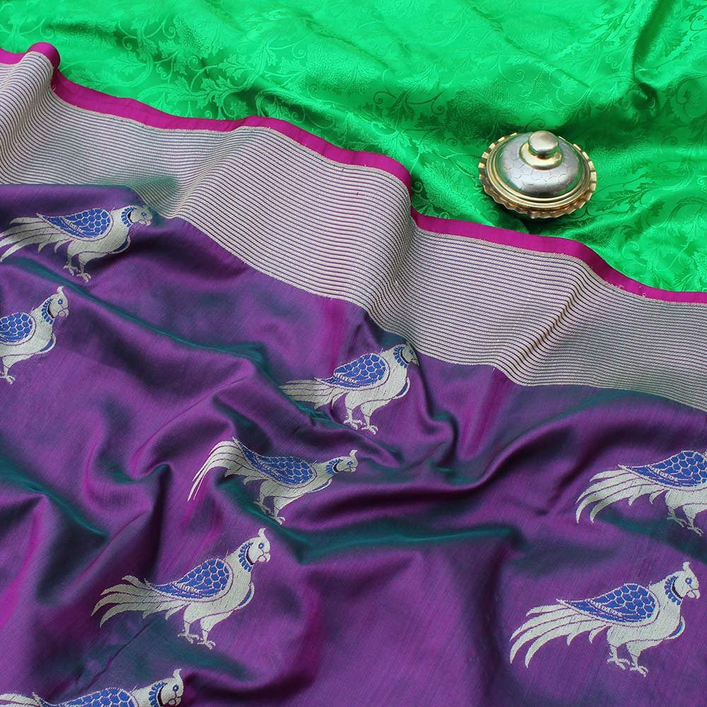 Green-Magenta Pure Katan Silk Dupatta &amp; Green Pure Soft Satin Silk Fabric