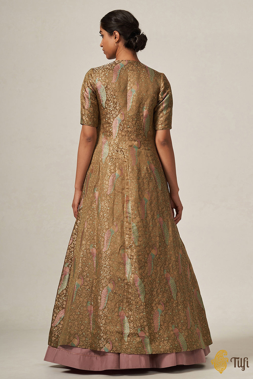 brocade silk dress 'Lakshmi' Olive-Dusty Pink Pure Silk Handloom Brocade Jacket Skirt Set