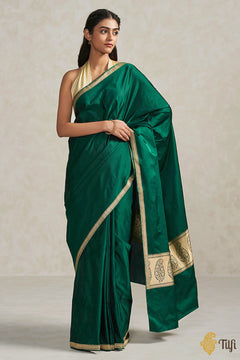 Dark Green Pure Soft Satin Silk Banarasi Handloom Saree - Tilfi