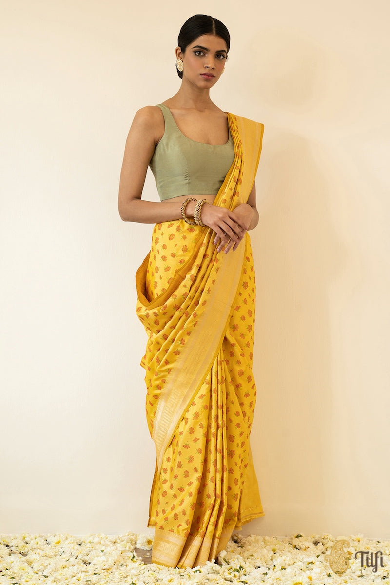 &#39;Sea of Poppies&#39; Yellow Pure Katan Silk Banarasi Handloom Saree