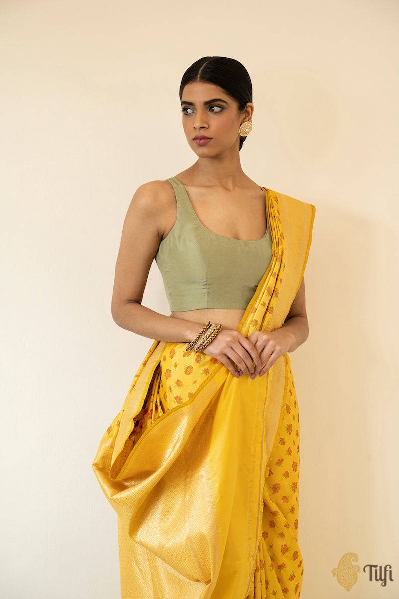 &#39;Sea of Poppies&#39; Yellow Pure Katan Silk Banarasi Handloom Saree