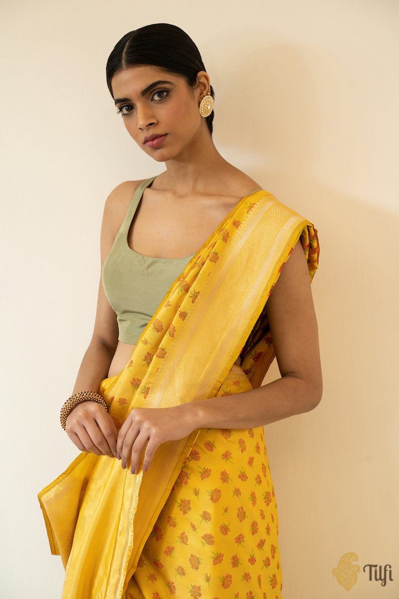 &#39;Sea of Poppies&#39; Yellow Pure Katan Silk Banarasi Handloom Saree