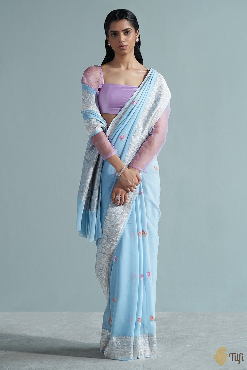 Buy DEEPTHEE Icy Blue Hand Embroidered A Line Saree with Stitched Blouse  online