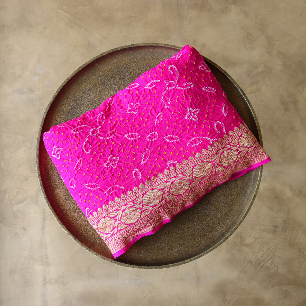 Rani Pink Pure Georgette Banarasi Handloom Bandhani Dupatta