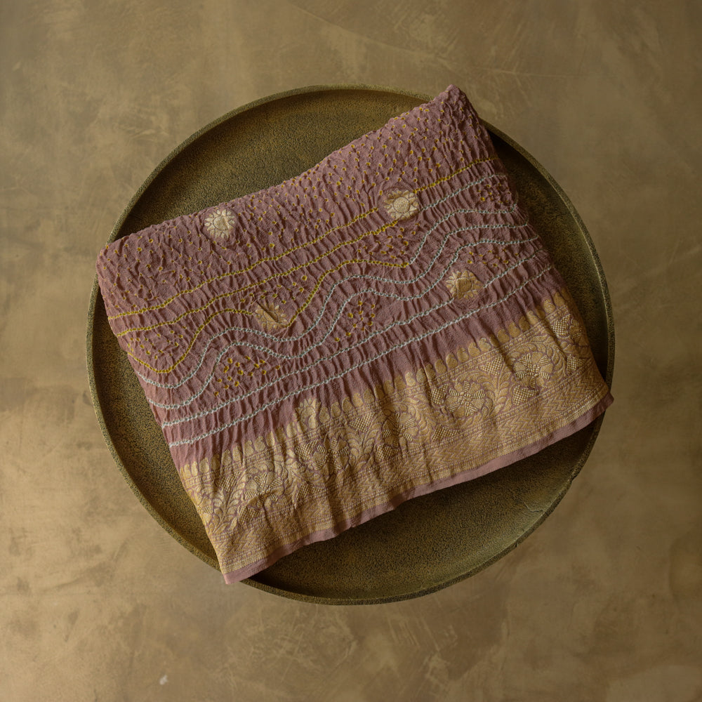 Old Rose Pink Pure Georgette Banarasi Handloom Bandhani Dupatta