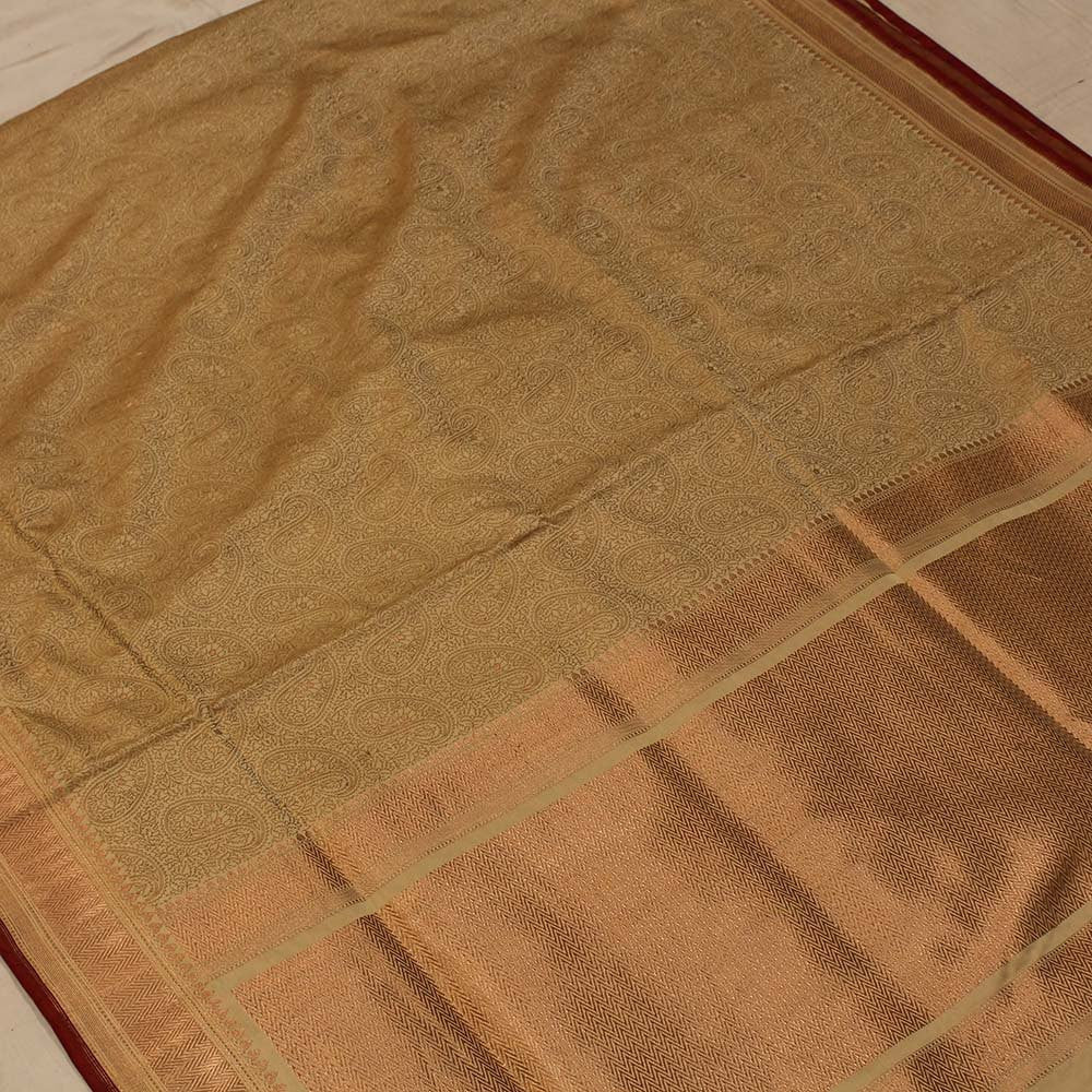 Beige Pure Katan Silk Tanchoi Jamawar Banarasi Handloom Saree - Tilfi
