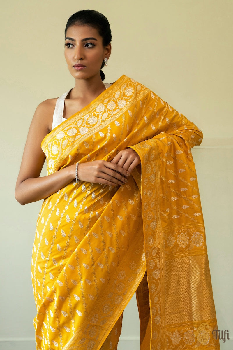 Yellow Pure Katan Silk Banarasi Handloom Saree - Tilfi