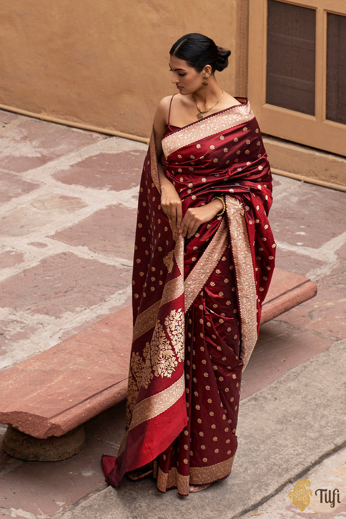 Efflorescence Maroon Soft Banarasi Silk Saree With Unique Blouse Piece –  LajreeDesigner