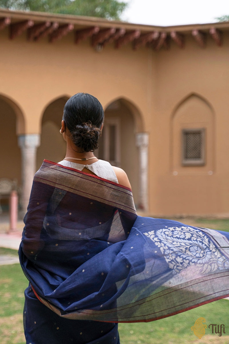 Navy Blue Pure Cotton Banarasi Handloom Jamdani Saree