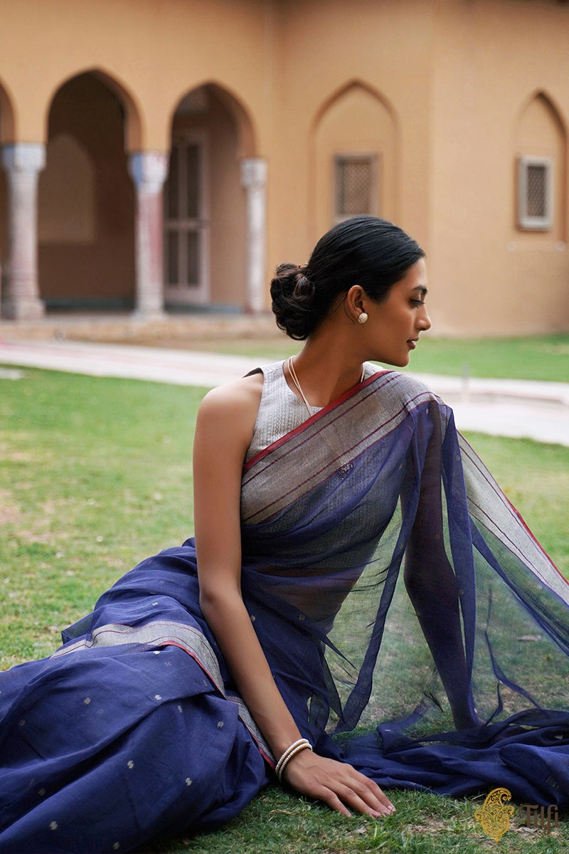 Navy Blue Pure Cotton Banarasi Handloom Jamdani Saree