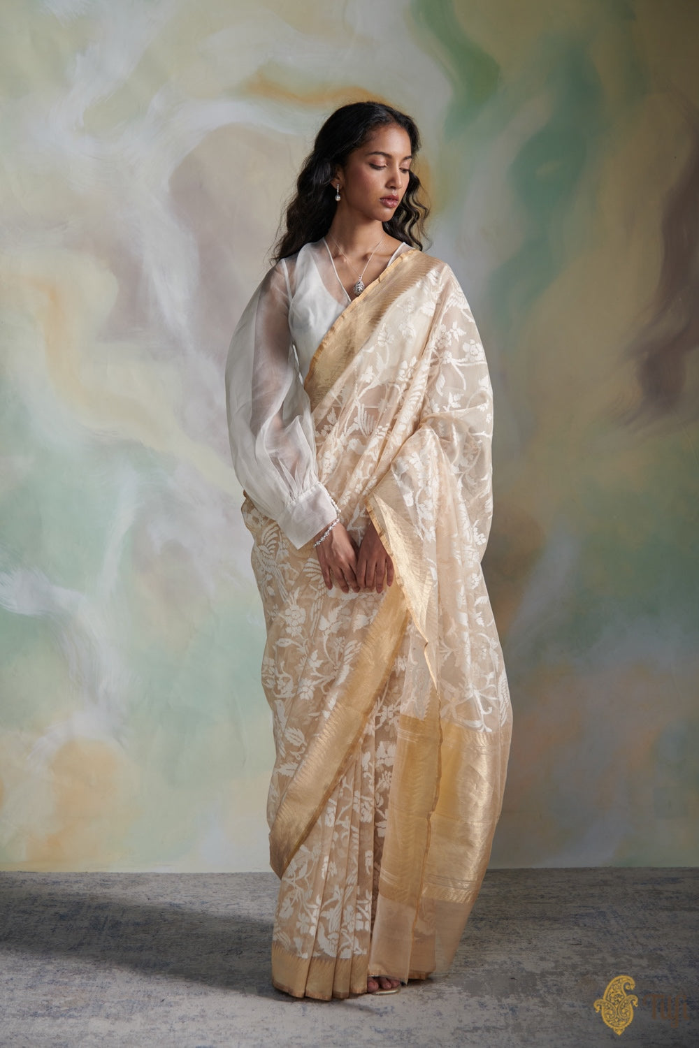 Beige Pure Kora Silk Net Banarasi Handloom Saree