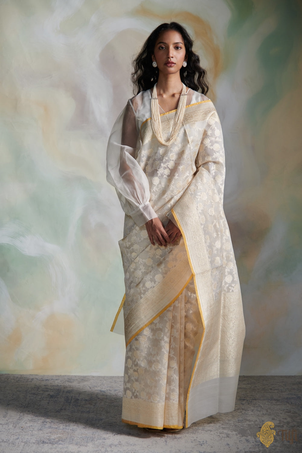 Off-White Pure Kora Silk Banarasi Handloom Saree