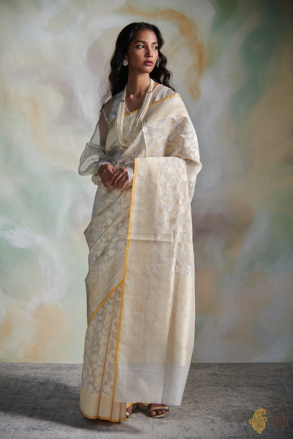 Off-White Pure Kora Silk Banarasi Handloom Saree