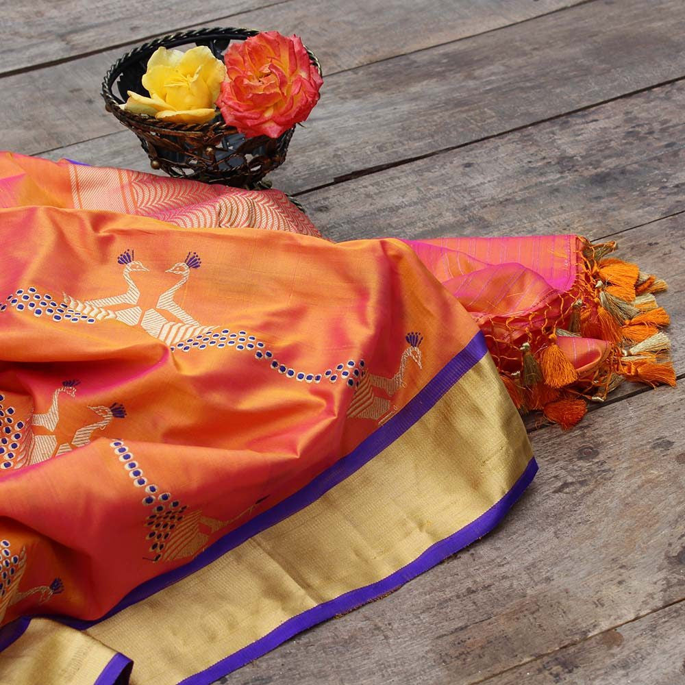 Indian Pink-Orange Pure Katan Silk Banarasi Handloom Dupatta