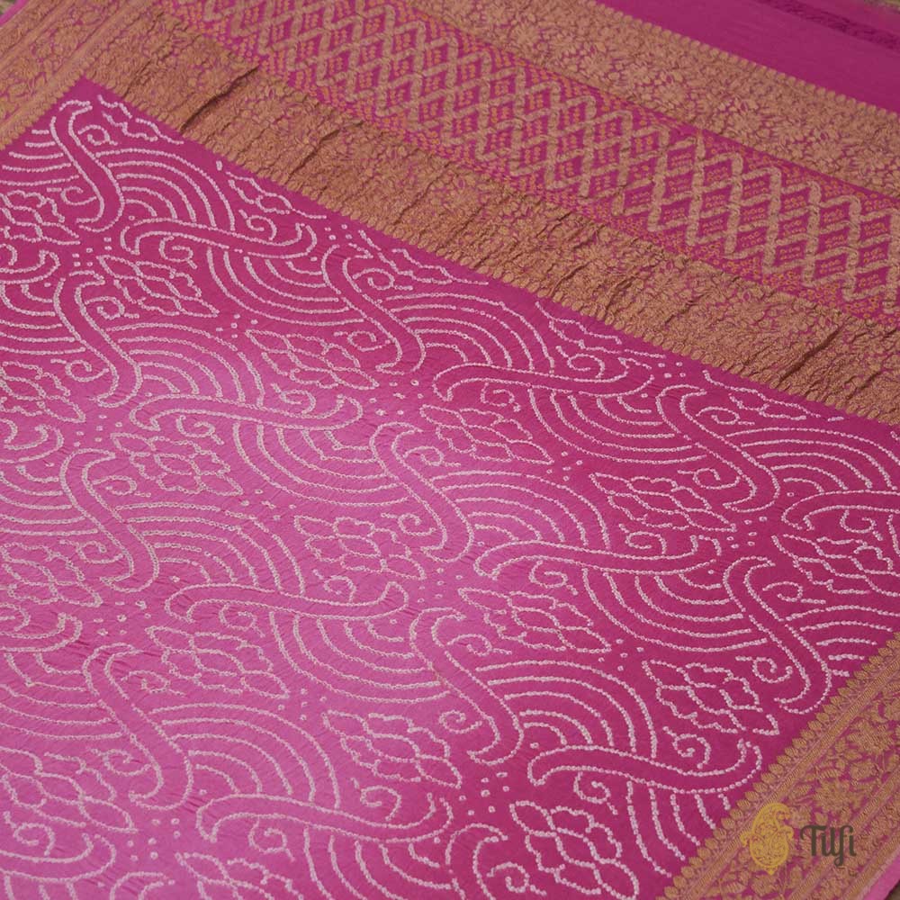 Bubblegum Pink Pure Georgette Banarasi Handloom Bandhani Dupatta