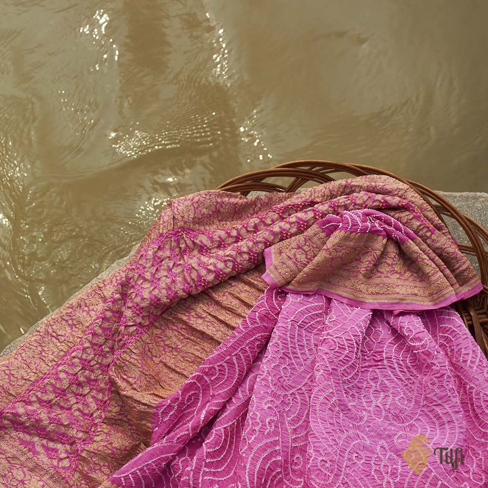 Bubblegum Pink Pure Georgette Banarasi Handloom Bandhani Dupatta