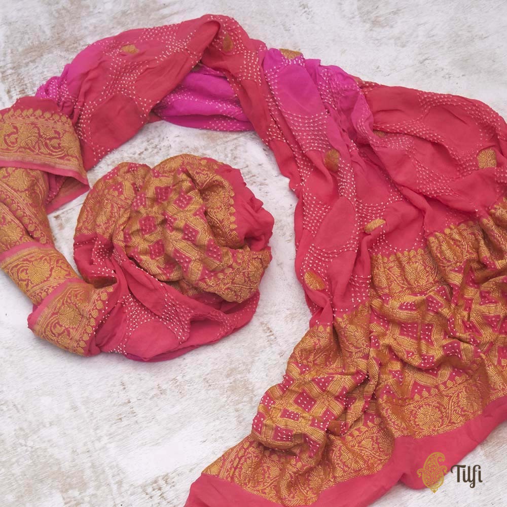 Gulaabi pink-Coral Pink Pure Georgette Banarasi Handloom Bandhani Dupatta