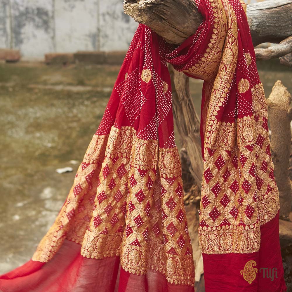 Deep Red Pure Georgette Banarasi Handloom Bandhani Dupatta