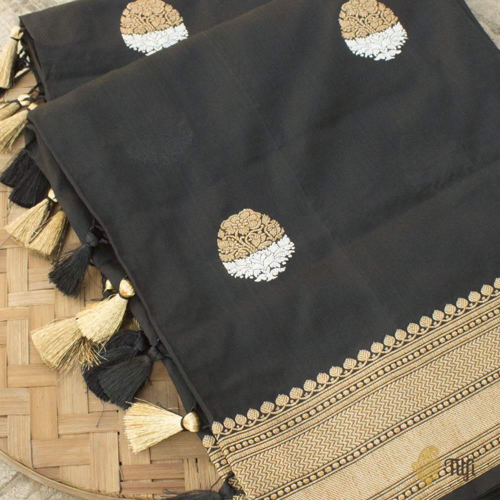 Black Pure Katan Silk Banarasi Handloom Dupatta