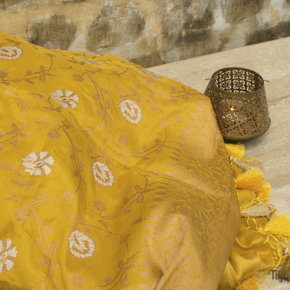 Yellow Pure Katan Silk Banarasi Handloom Dupatta