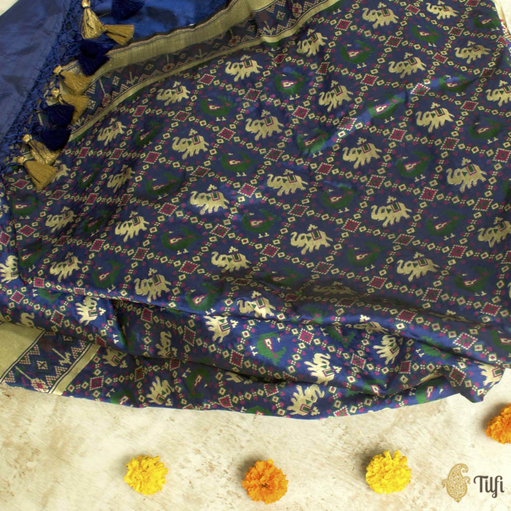 Midnight Blue Pure Katan Silk Banarasi Handloom Patola Dupatta