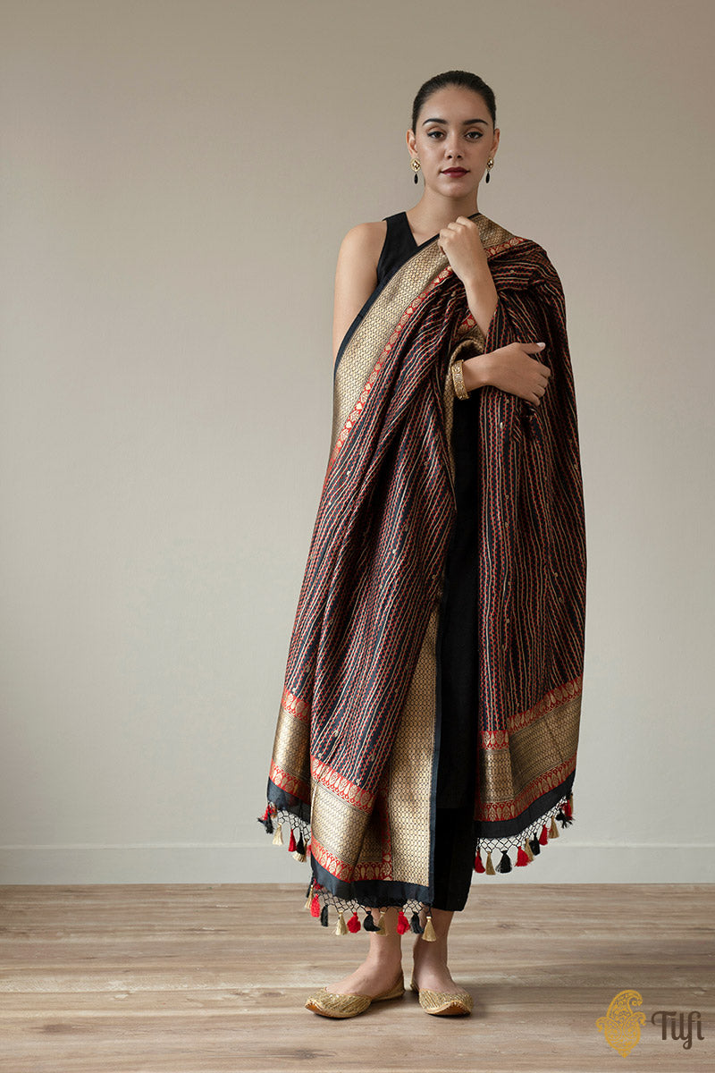 Black Pure Katan Silk Banarasi Handloom Dupatta