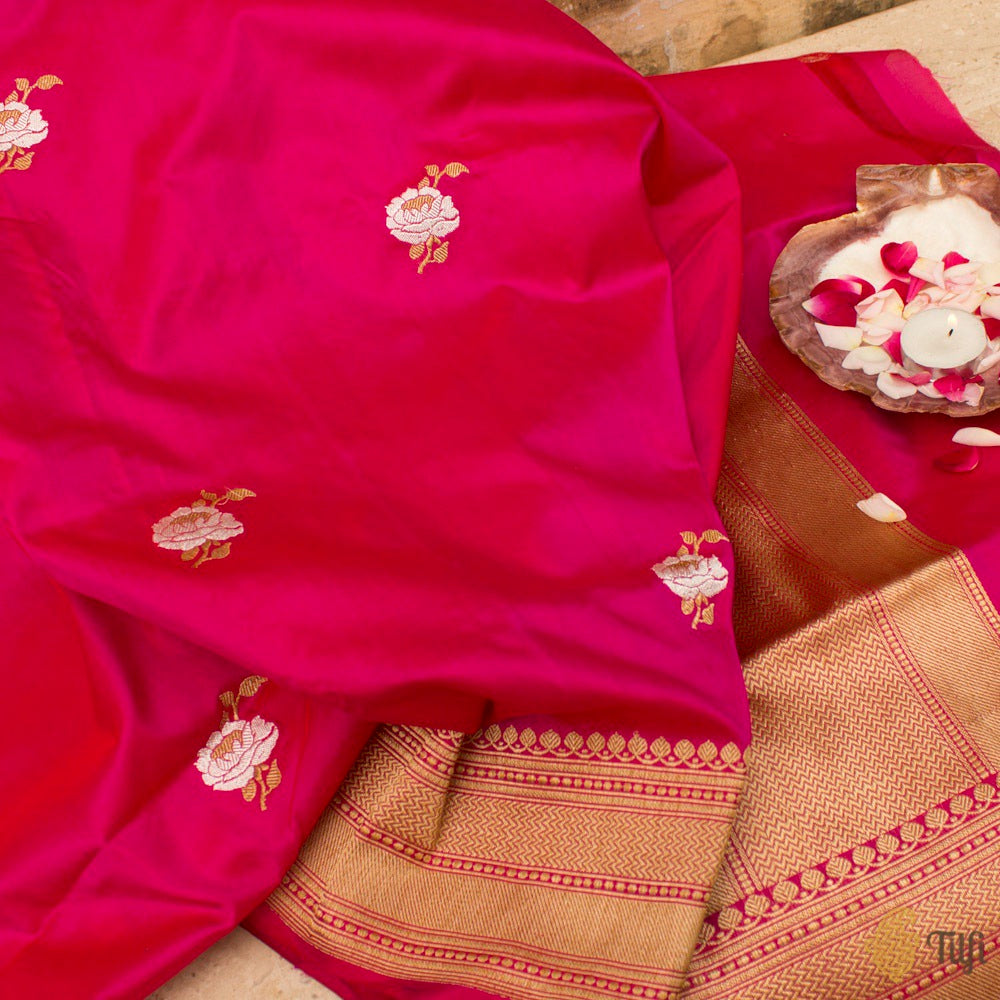 Red-Rani Pink Pure Katan Silk Banarasi Handloom Dupatta