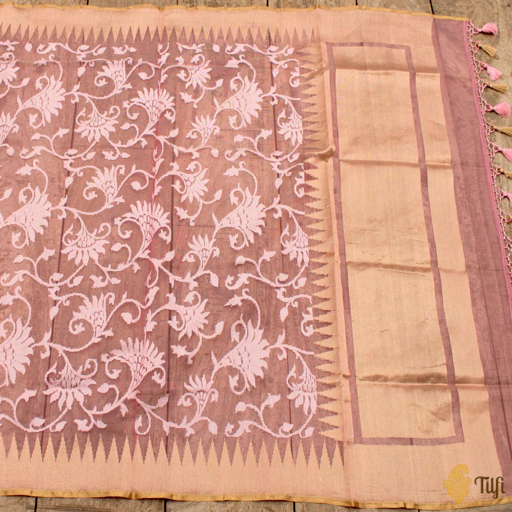 Pink Pure Kora Silk Net Banarasi Handloom Dupatta