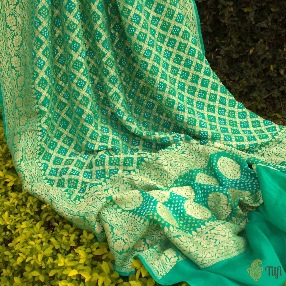 Sea Green Pure Georgette Banarasi Handloom Bandhani Dupatta