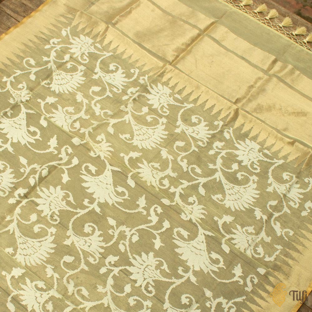 Mint Yellow Pure Kora Net Banarasi Handloom Dupatta