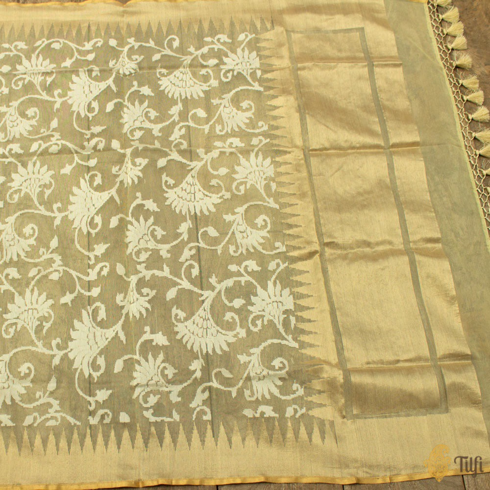 Mint Yellow Pure Kora Net Banarasi Handloom Dupatta